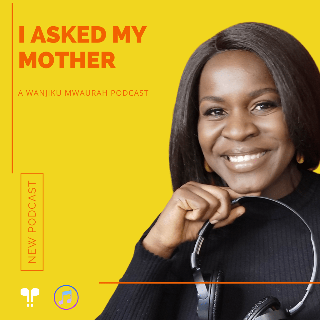 Wanjiku Mwaurah holding headphones on a podcast poster